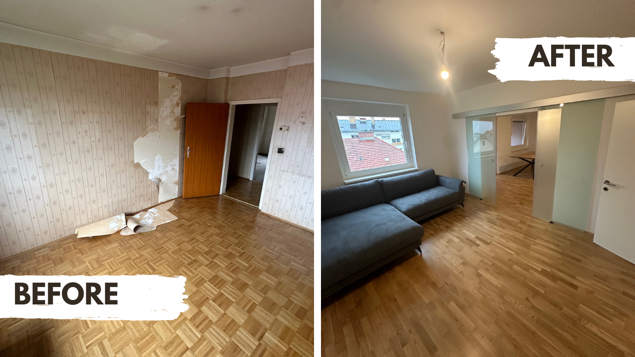 Das alte Wohnzimmer wird mit dem neu renovierten Wohnzimmer verglichen